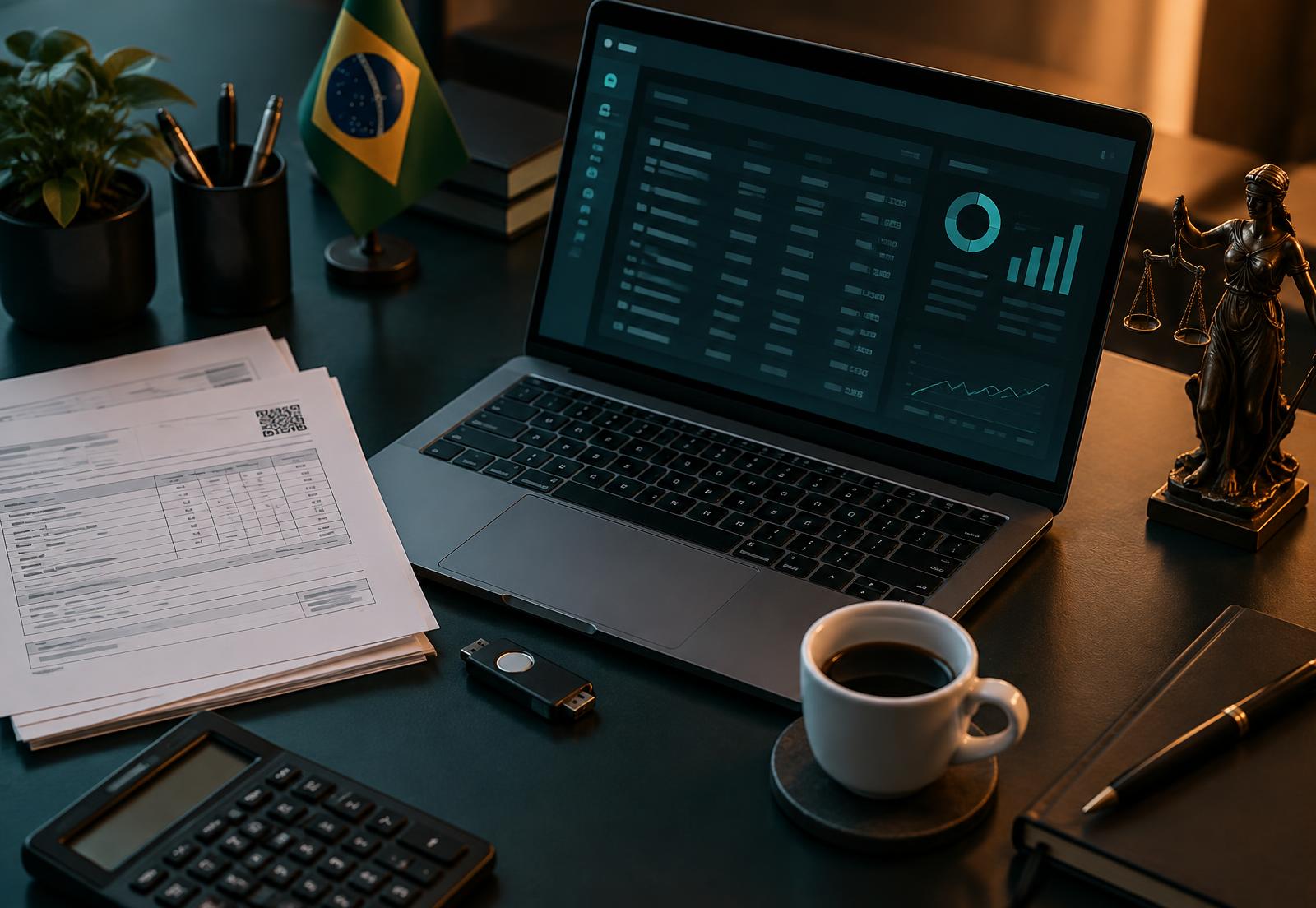 Mesa de escritório de contabilidade com notas fiscais impressas, laptop e certificado digital